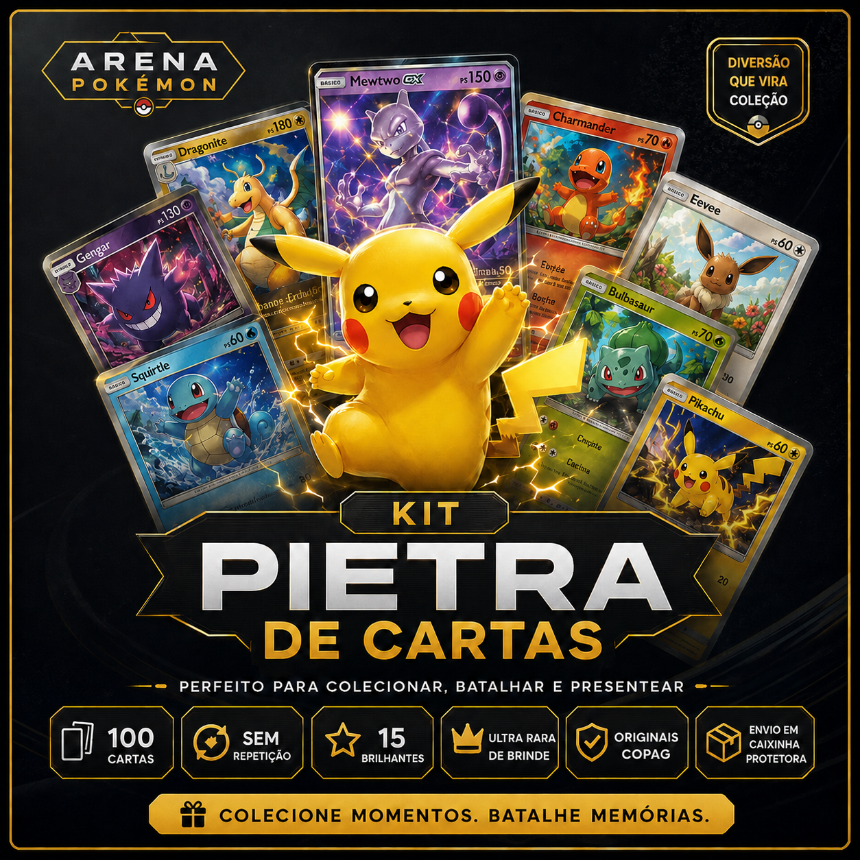 Kit Pietra Pokémon TCG – 100 Cartas Originais Com 15 Brilhantes + 1 Super Rara Bônus